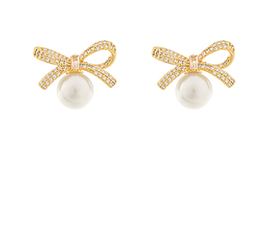 CZ Bow & Pearl Dangle Earrings