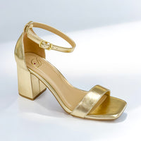 Gold Open Toe Ankle Wrap Block Pumps