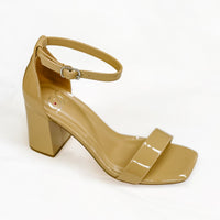 Beige Patent Open Toe Ankle Wrap Block Pumps