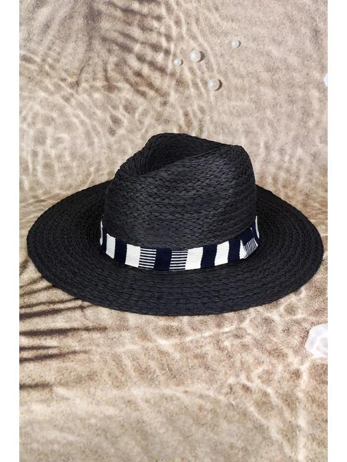 Multi Color Stripe Band Straw Hat Black