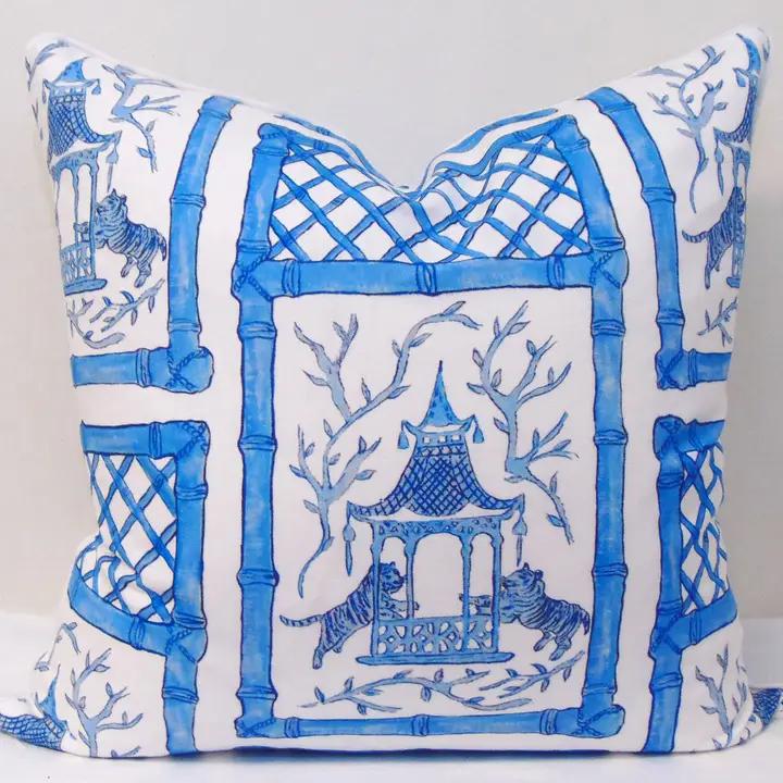 Blue Bamboo Tigers Pillow