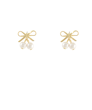 Linked Double Pearl & Brass Bow Earrings