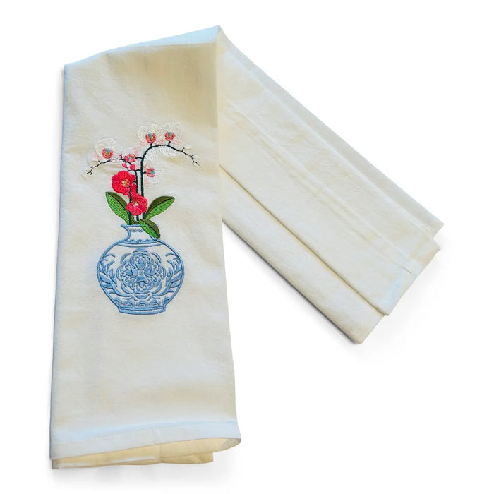 Blue & White Jar w/Orchid Tea Towel