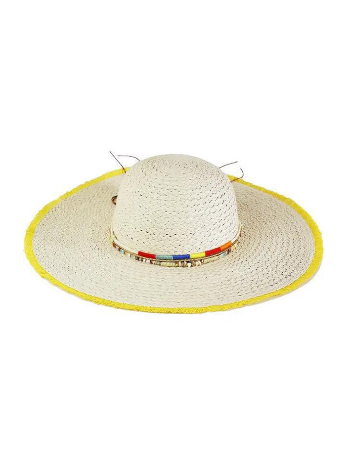 Multi Band Colored Frayed Floppy Straw Hat Yellow