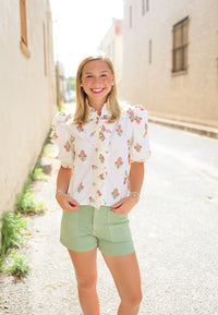 Karlie: Digital London Floral Ruffle Top