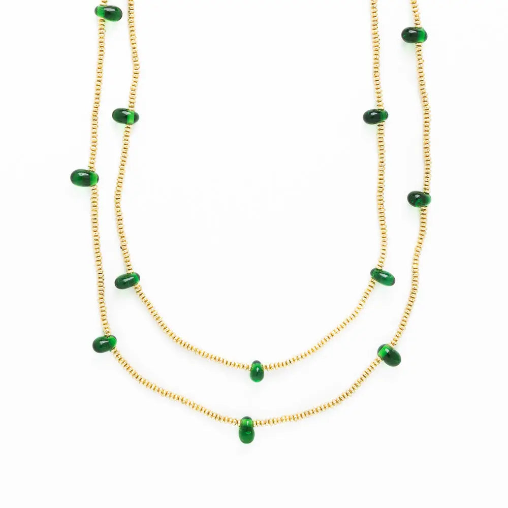 Portia Brass Necklace with Glass Beads Green