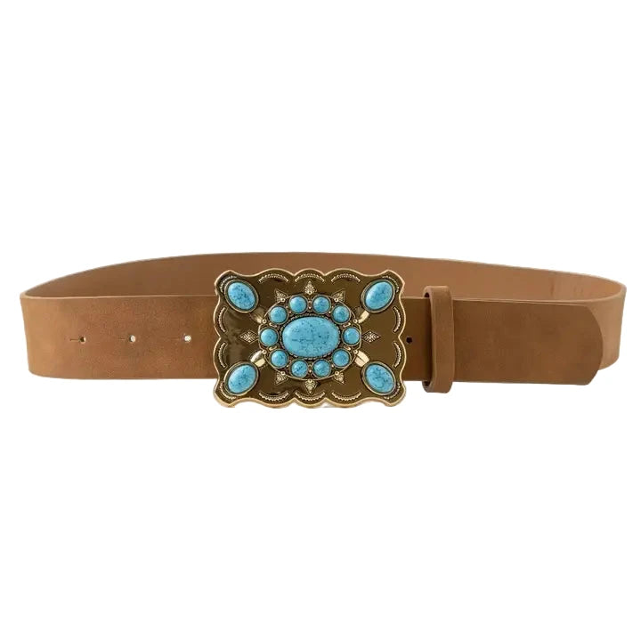 Western Style Turquoise Stone Large Ornate Buckle Belt