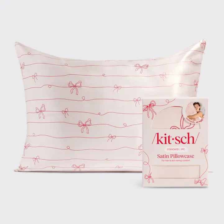 Kitsch: Holiday Satin Pillowcase in Striped Bows