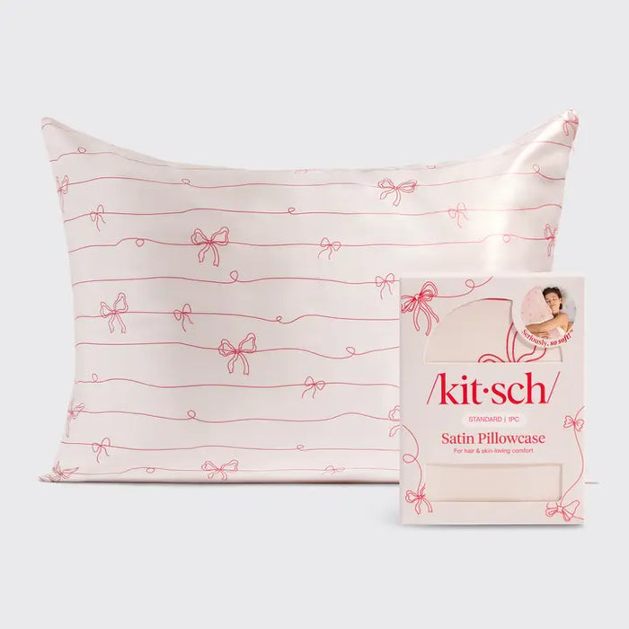 Kitsch: Holiday Satin Pillowcase in Striped Bows
