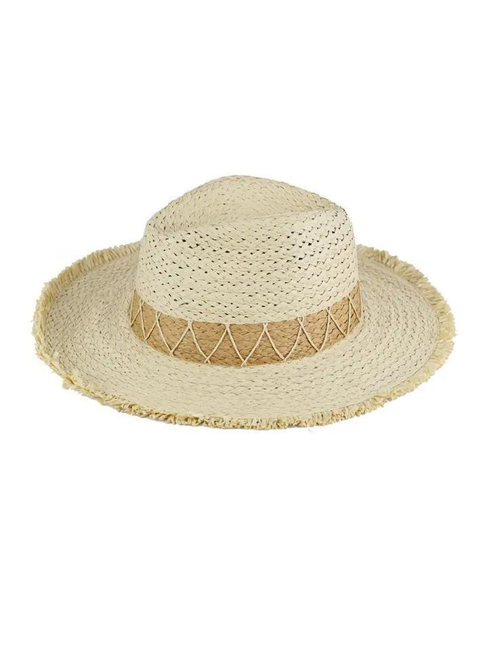 Chevron Band Frayed Two Tone Straw Sun Hat