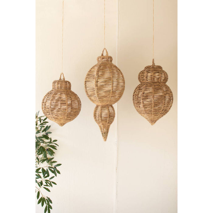 Set of Three Large Woven Seagrass and Iron Ornaments
