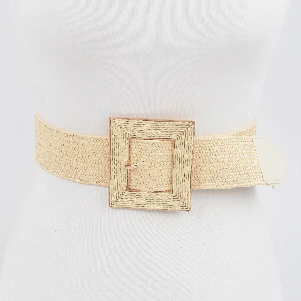 Raffia Square Buckle Stretch Belt