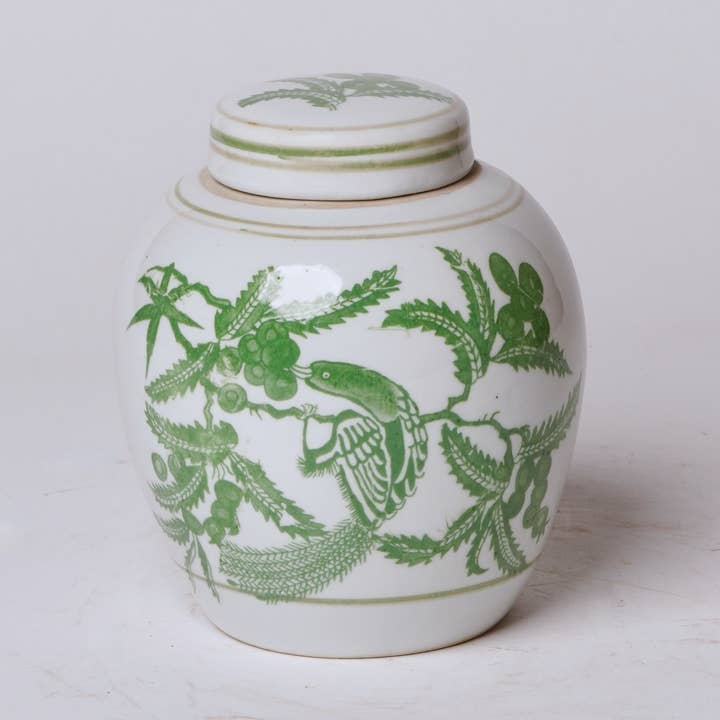 Green and White Porcelain Bird and Flower Round Jar