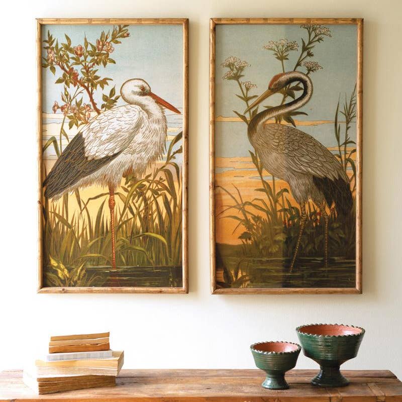 Set of Two Framed Heron Prints Under Glass