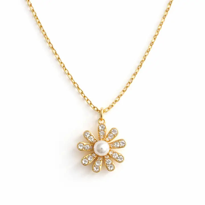 Golden Glow Blossom Necklace – Pearl Center with Shimmering Petals