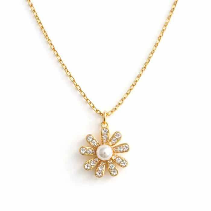 Golden Glow Blossom Necklace – Pearl Center with Shimmering Petals