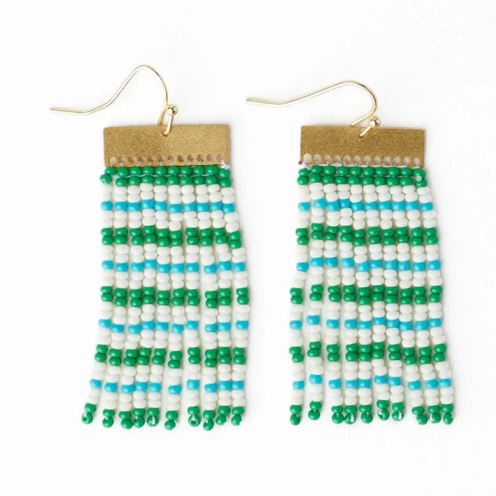 Scout Rectangle Hanger Mixed Horizontal Stripes Beaded Fringe Earrings Kelly Green + Aqua