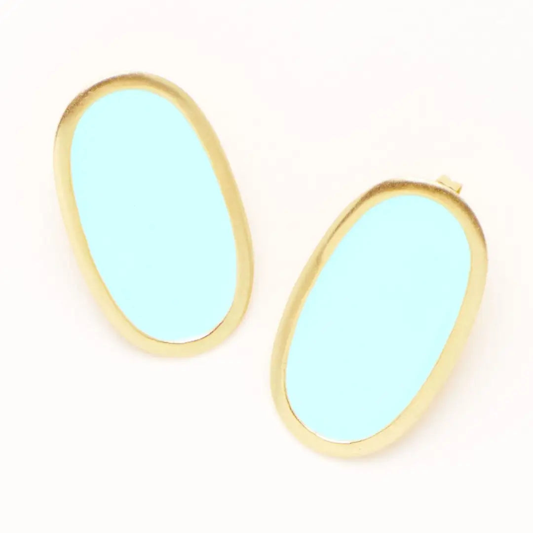 Alexis Oval Enamel Post Earrings Aqua Framed in Brass