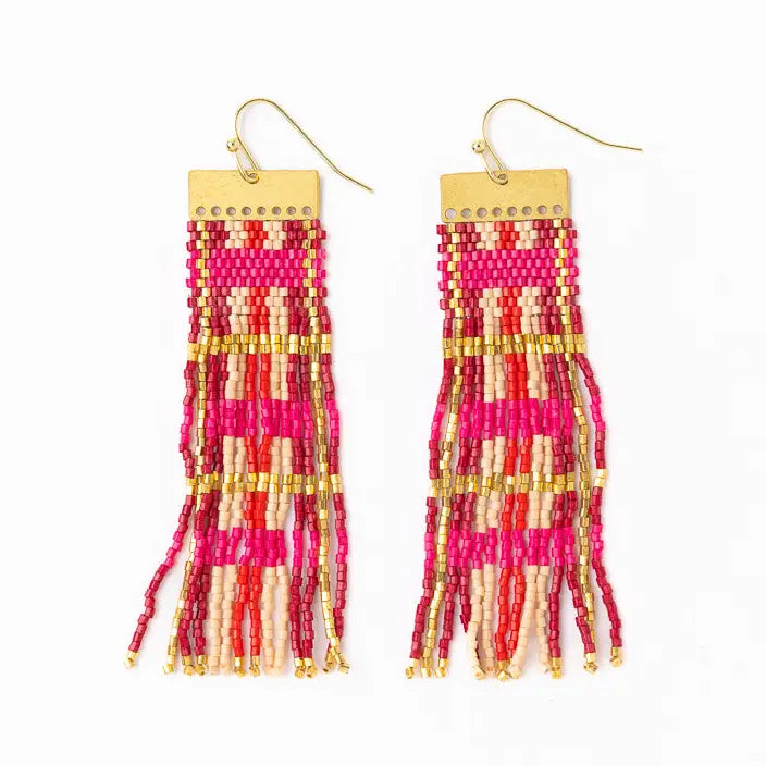 Mckenzie Brass Bar Long Fringe Earrings Hot Pink + Gold