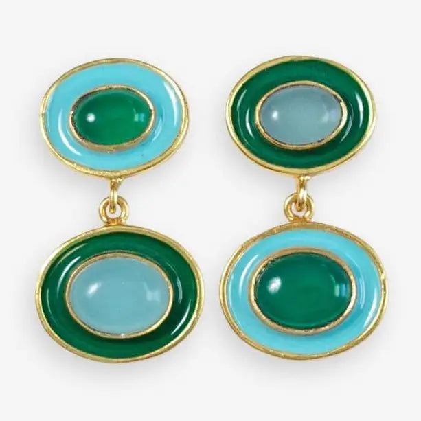 Betty Semi-Precious Mixed Stone and Enamel Drop Earrings Green and Light Blue