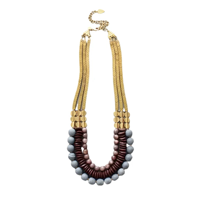 Triple Strand Stone and African Glass Necklace
