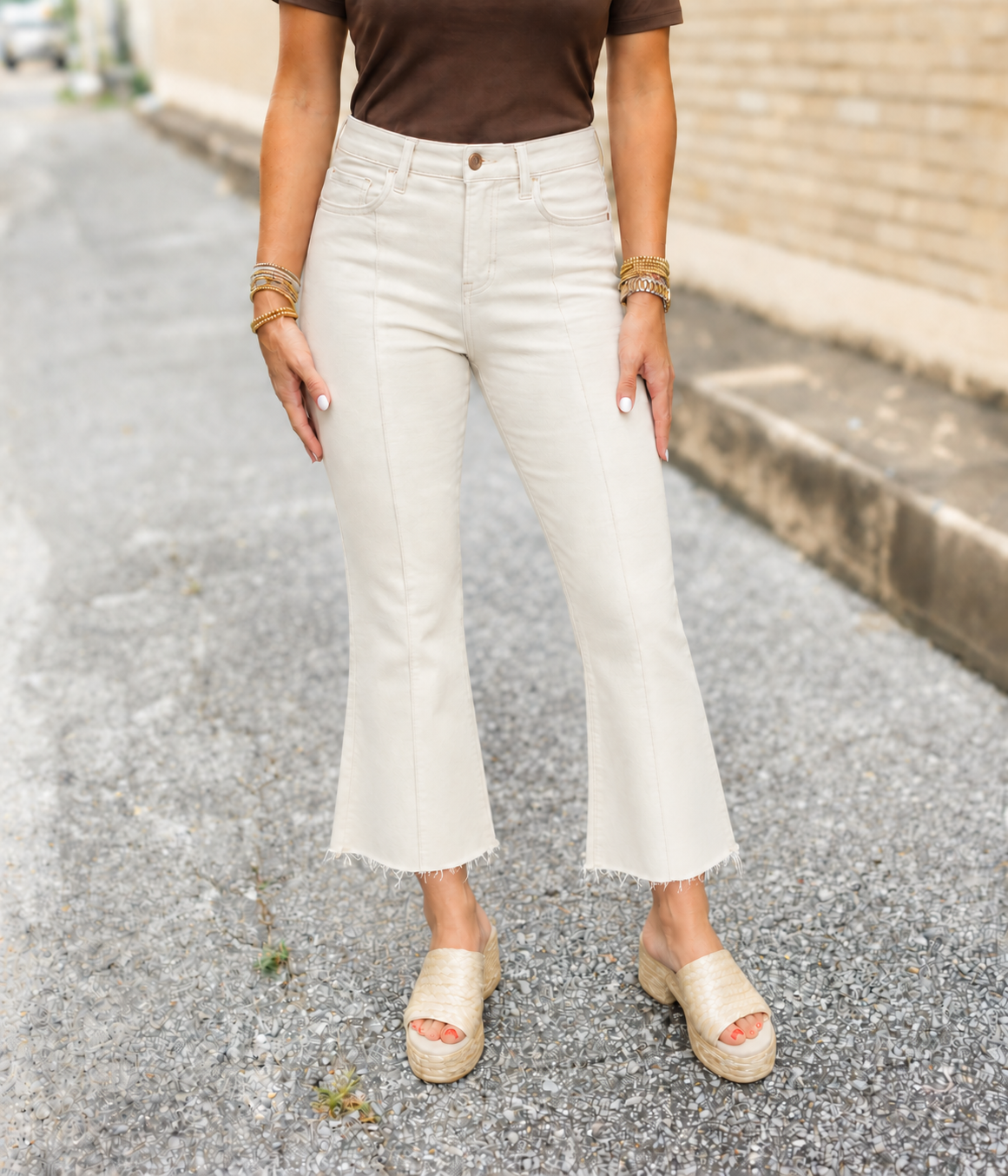 Vervet: Pintuck Ankle Bootcut Jeans in Natural