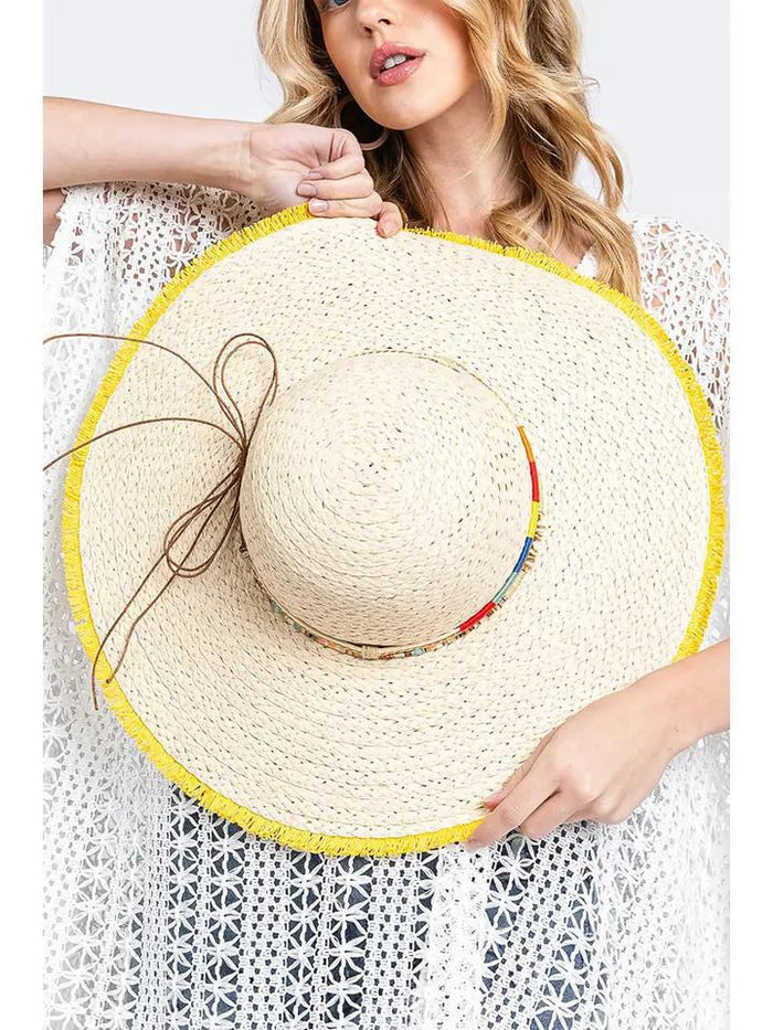 Multi Band Colored Frayed Floppy Straw Hat Yellow