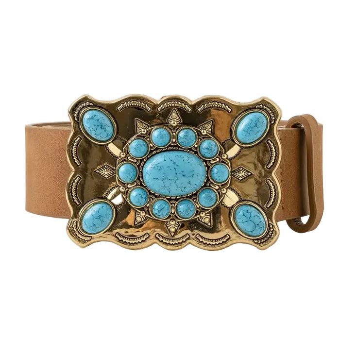 Western Style Turquoise Stone Large Ornate Buckle Belt