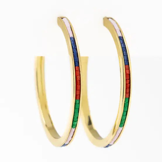 Lulu Hoop Earrings Brass with Chanel of Seed Beads Lilac, Lapis, Red, + Green