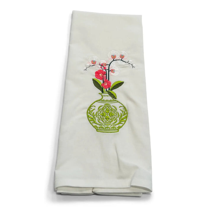 Green & White Jar w/Orchid Tea Towel