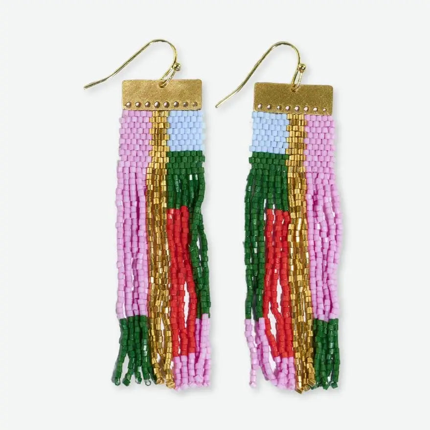 Mckenzie Brass Bar Hanger Long Beaded Fringe Earrings Pink and Light Blue