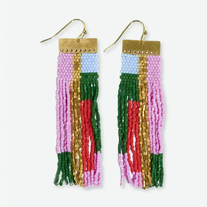 Mckenzie Brass Bar Hanger Long Beaded Fringe Earrings Pink and Light Blue