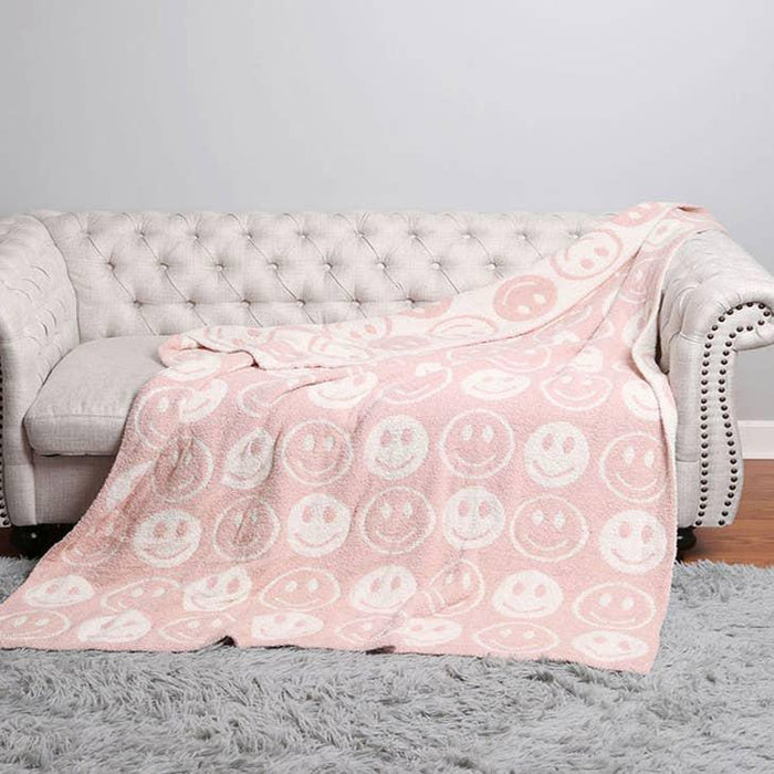 Happy Face Patterned Throw Blanket - Pink