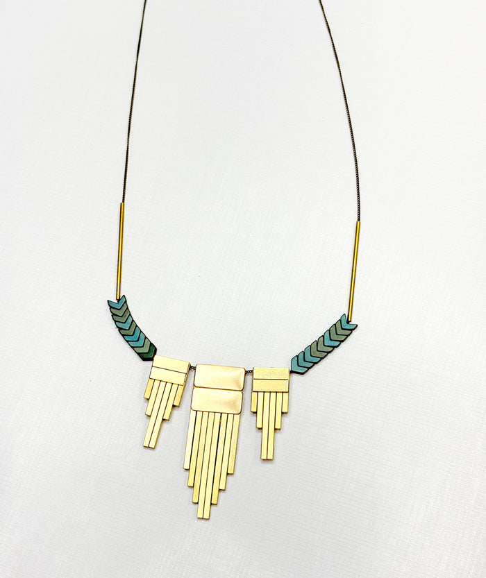 Brass Artdeco Pendant Blue Necklace