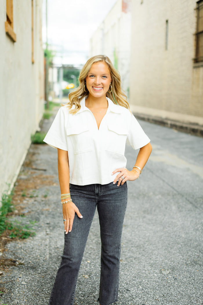 Karlie: Denim Pocket Stitch Top