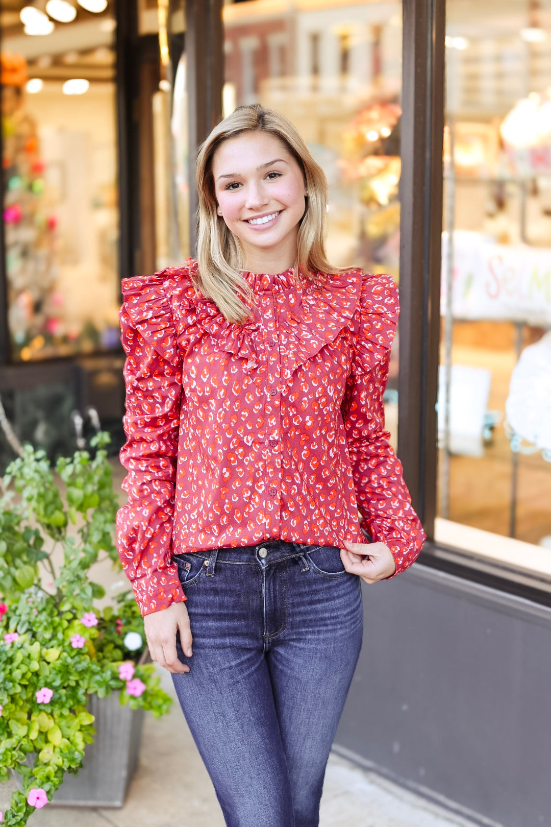 Karlie: Leopard Poplin Ruffle Top