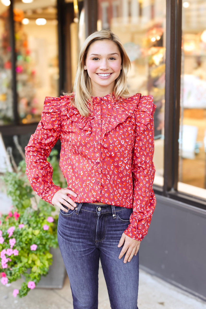 Karlie: Leopard Poplin Ruffle Top