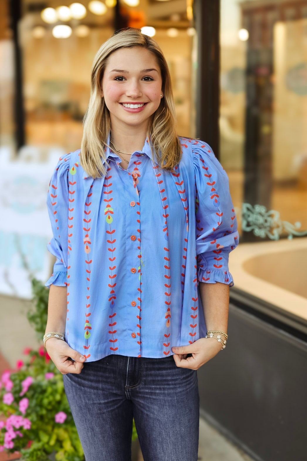 Karlie: Floral Vine Poplin Button Up Top