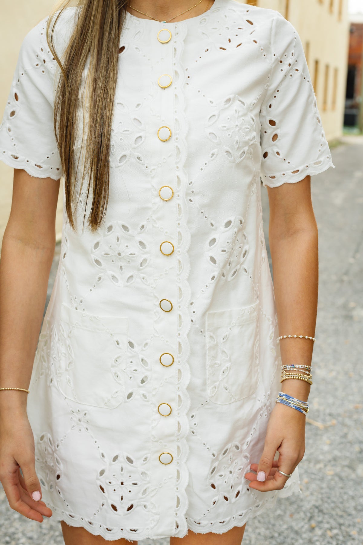 Zoe and Claire: Eyelet Button Dress