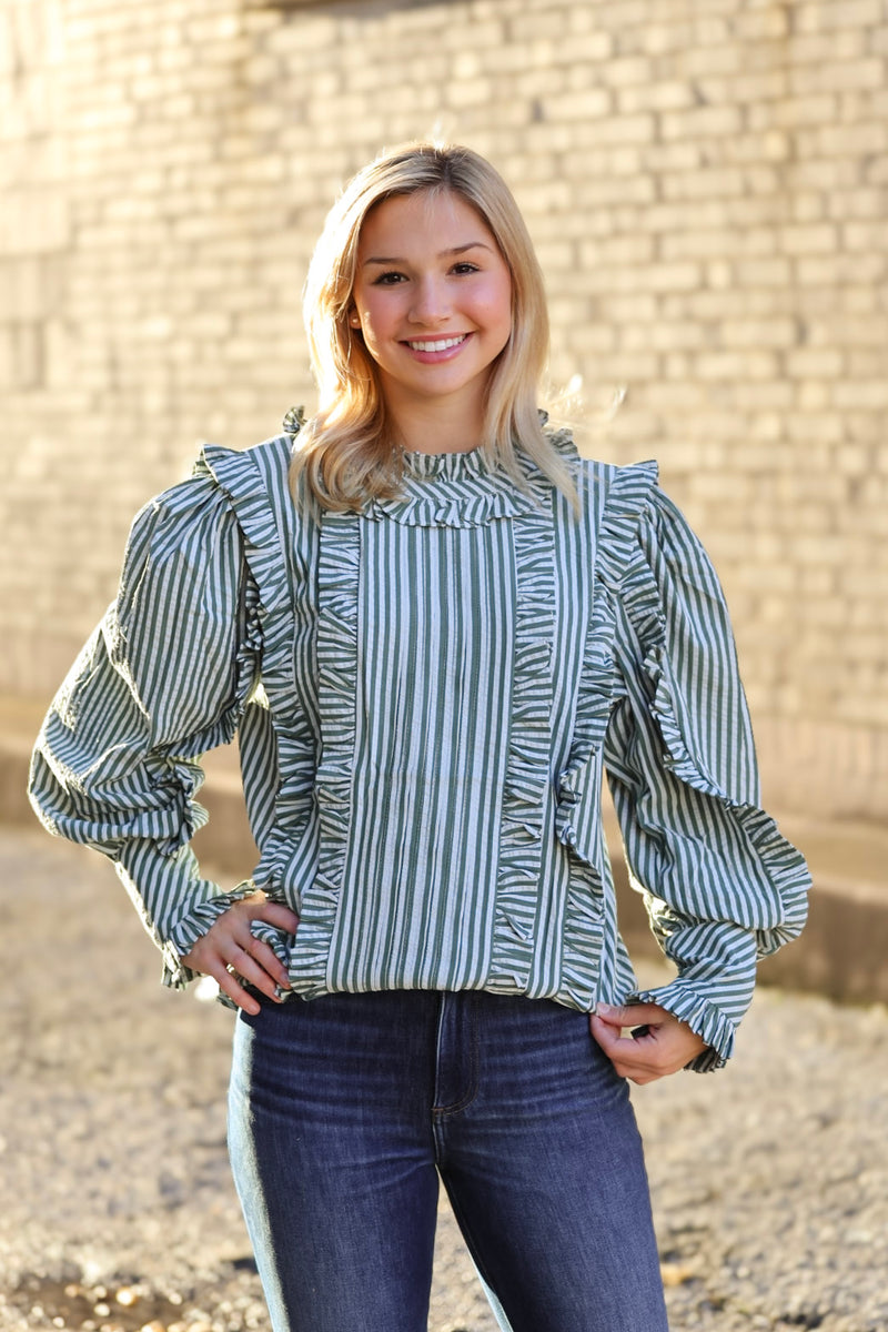 Karlie: Stripe Pleat Ruffle Top-FINAL SALE-