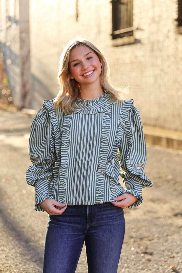 Karlie: Stripe Pleat Ruffle Top-FINAL SALE-