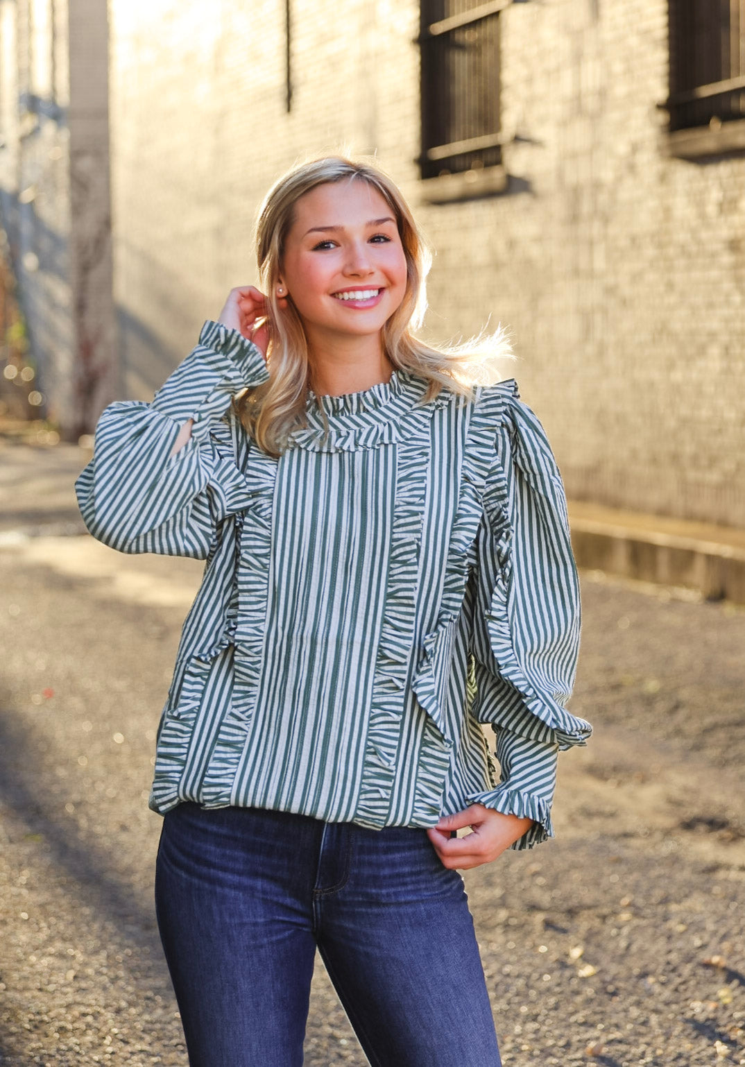 Karlie: Stripe Pleat Ruffle Top-FINAL SALE-