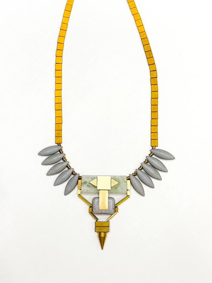Geometric Bib Necklace with Magnesite and Serpentine