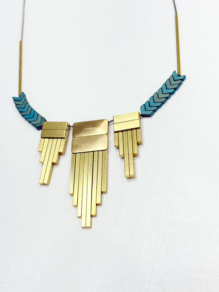 Brass Artdeco Pendant Blue Necklace