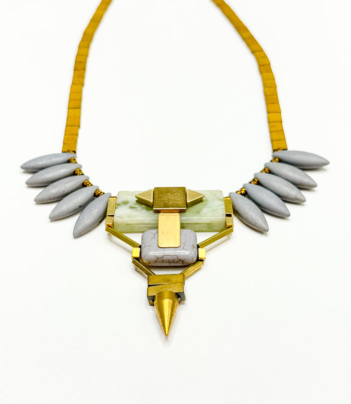 Geometric Bib Necklace with Magnesite and Serpentine