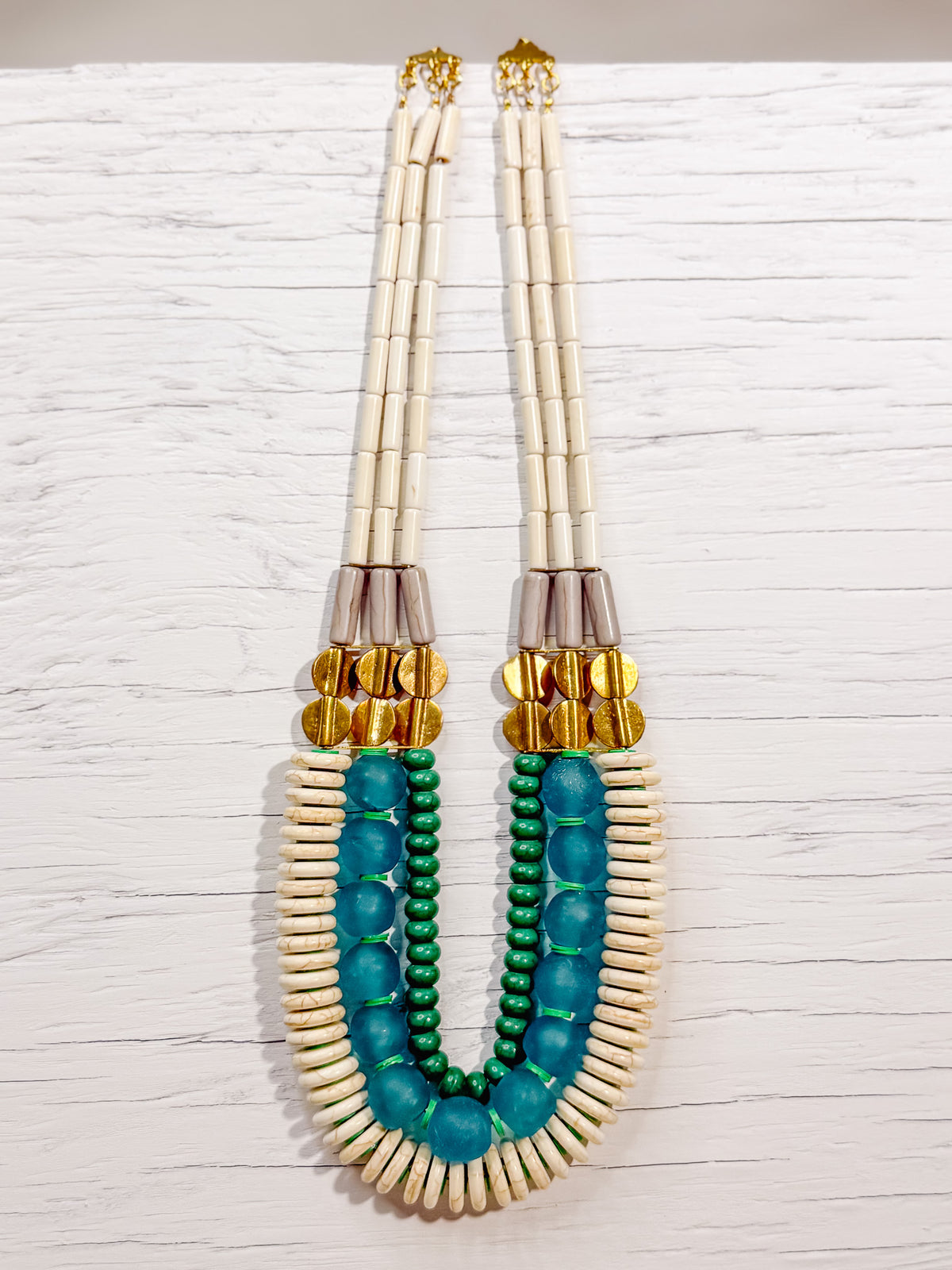 Triple Strand White, Aqua Ghana Glass, and Turquoise