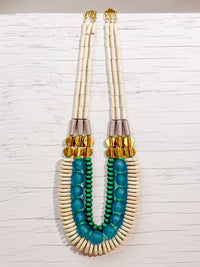 Triple Strand White, Aqua Ghana Glass, and Turquoise