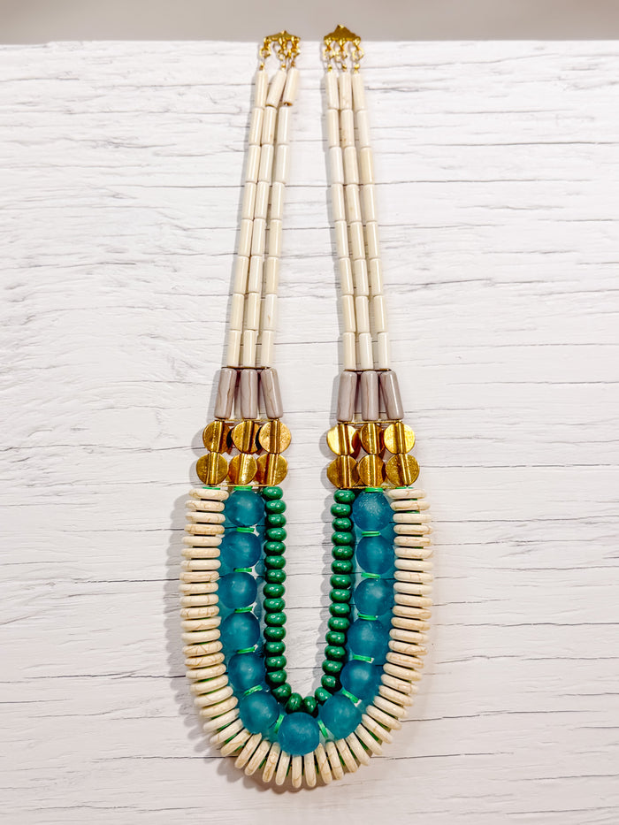 Triple Strand White, Aqua Ghana Glass, and Turquoise