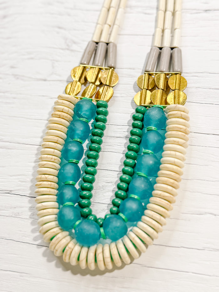Triple Strand White, Aqua Ghana Glass, and Turquoise