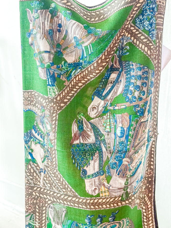 Green Horses Wool/ Silk Scarf
